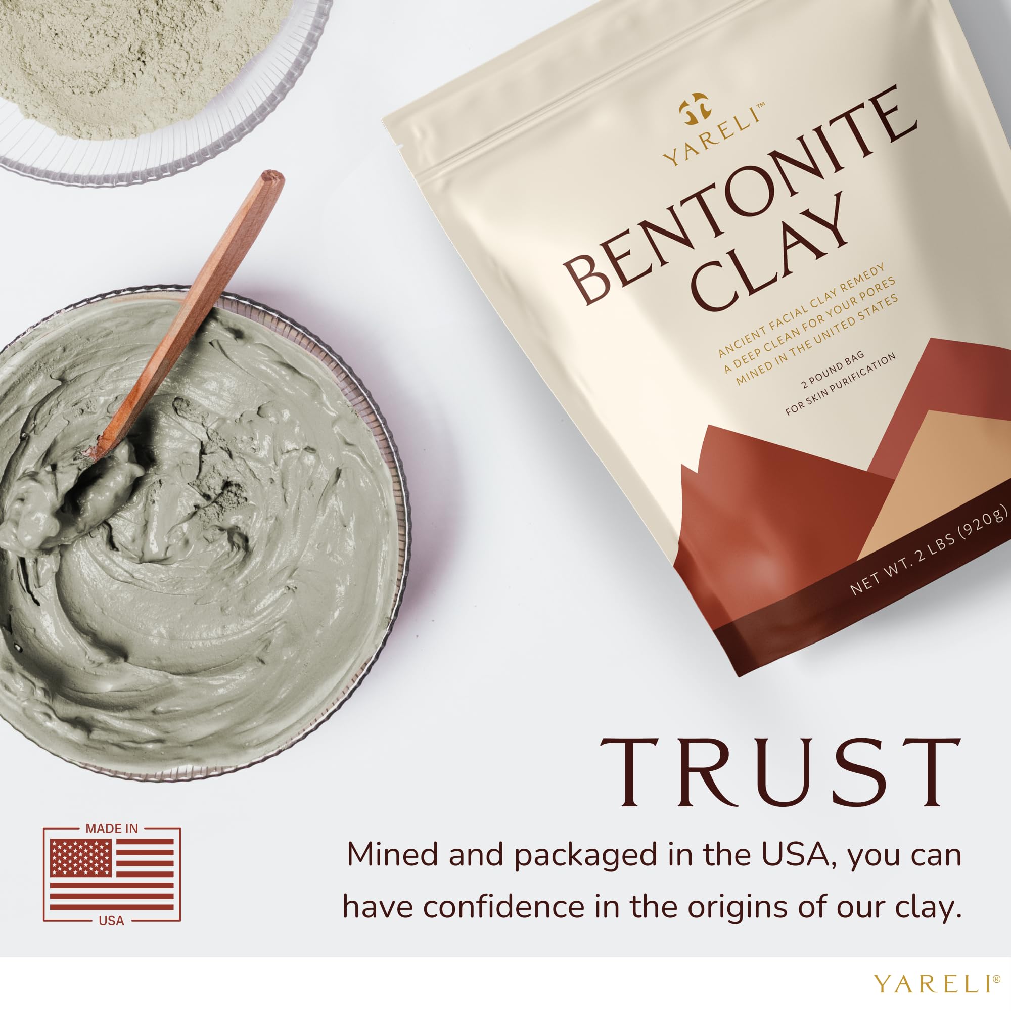 YARELI Bentonite Clay Powder Facial Mask & Cleansing Bath, Pure Indian Healing Clay, 2lb (32oz)